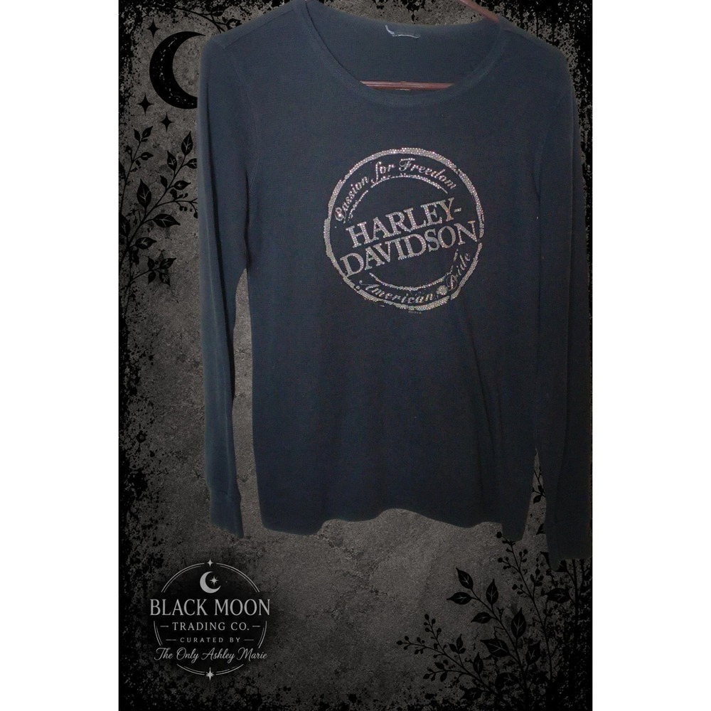Harley Davidson Women's Large Black Rhinestone Long Sleeve Graphic Shirt